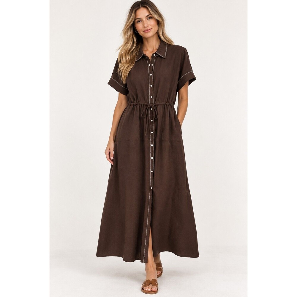 Anthropologie LEA Womens XL Brown Maxi Shirt Dress Cotton Linen Drawstring Waist